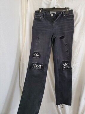 Black distressed shredded studded goth grunge steam punk rocker jeans size 1/24